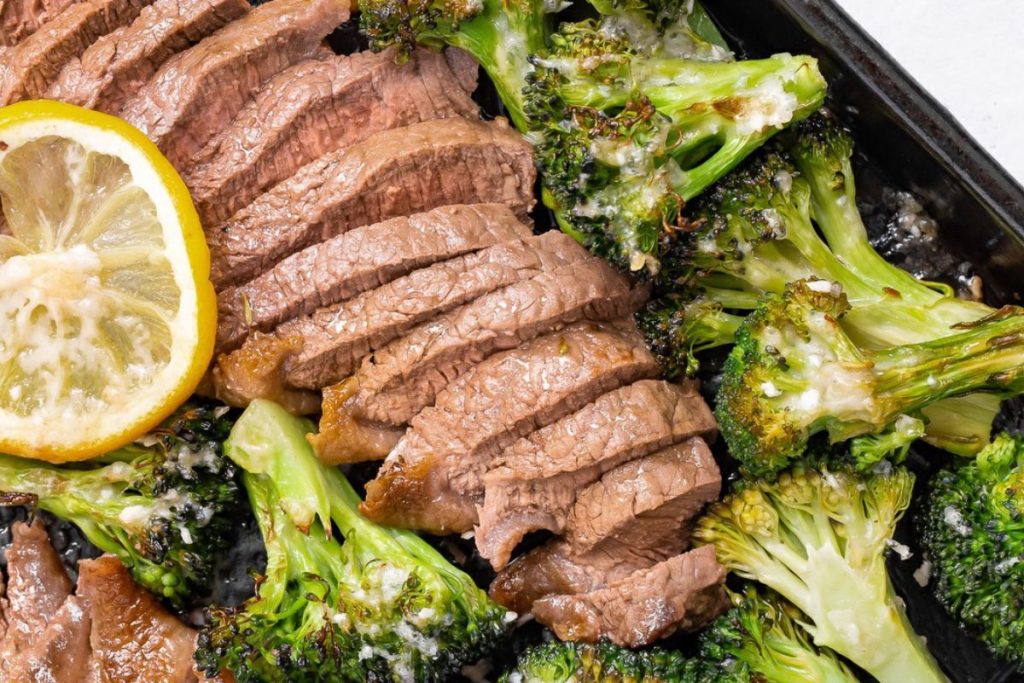 One Pan Steak & Parmesan Broccoli on a plate.