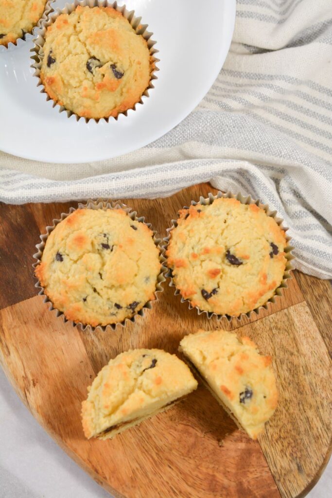 Diabetic Friendly Chocolate Chip Muffins on a board.