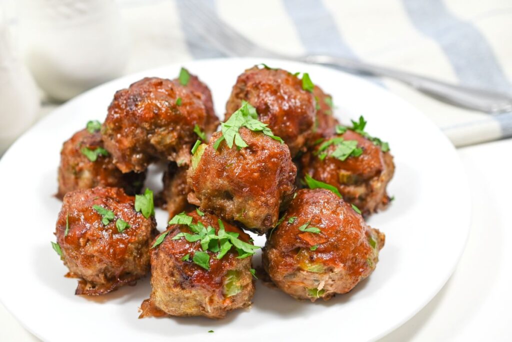 Turkey Meatloaf Meatballs on a white plate.