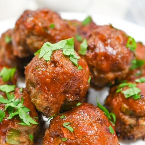 Turkey Meatloaf Meatballs on a white plate.