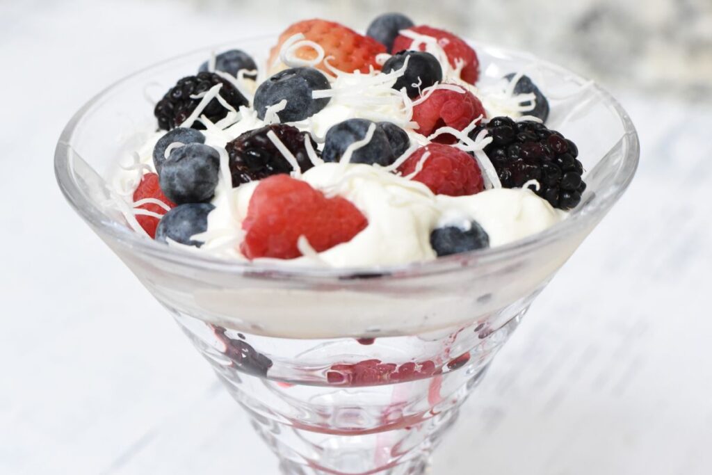 A berries with amaretto cream dessert.