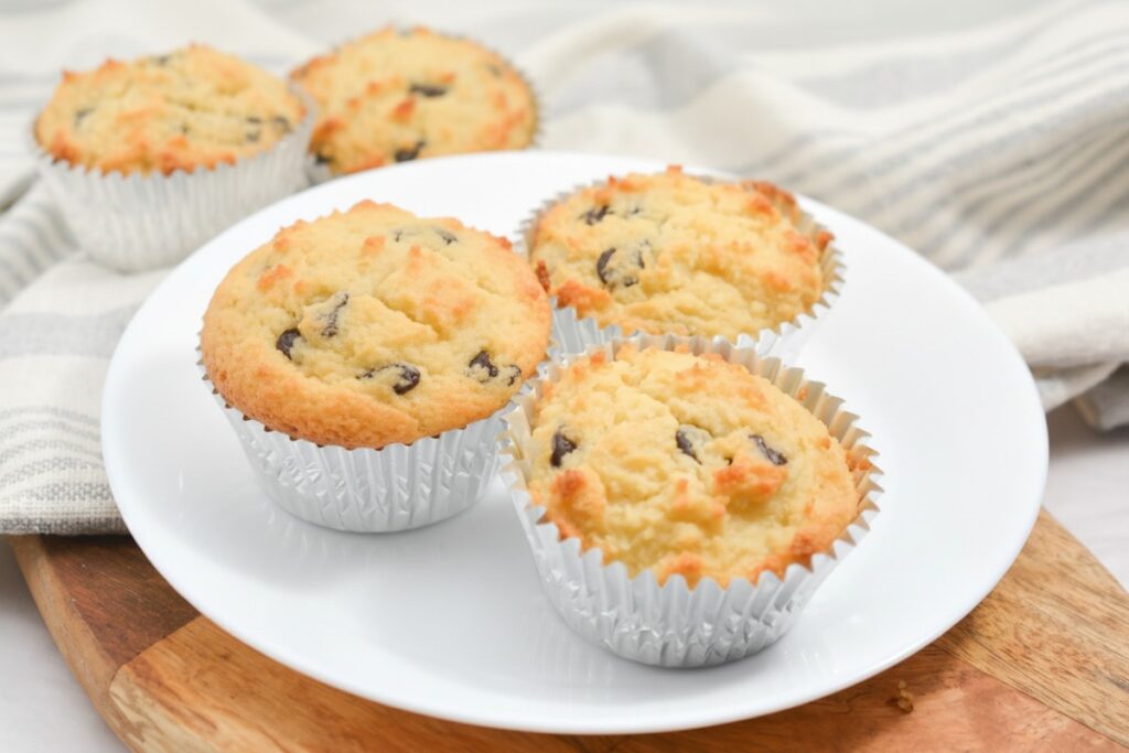 Diabetic Friendly Chocolate Chip Muffins on a white plate.