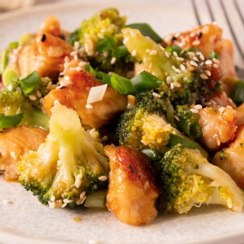 Honey Garlic Chicken with Broccoli on a white plate.