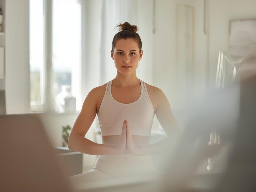 Woman doing Yoga in a tank top.