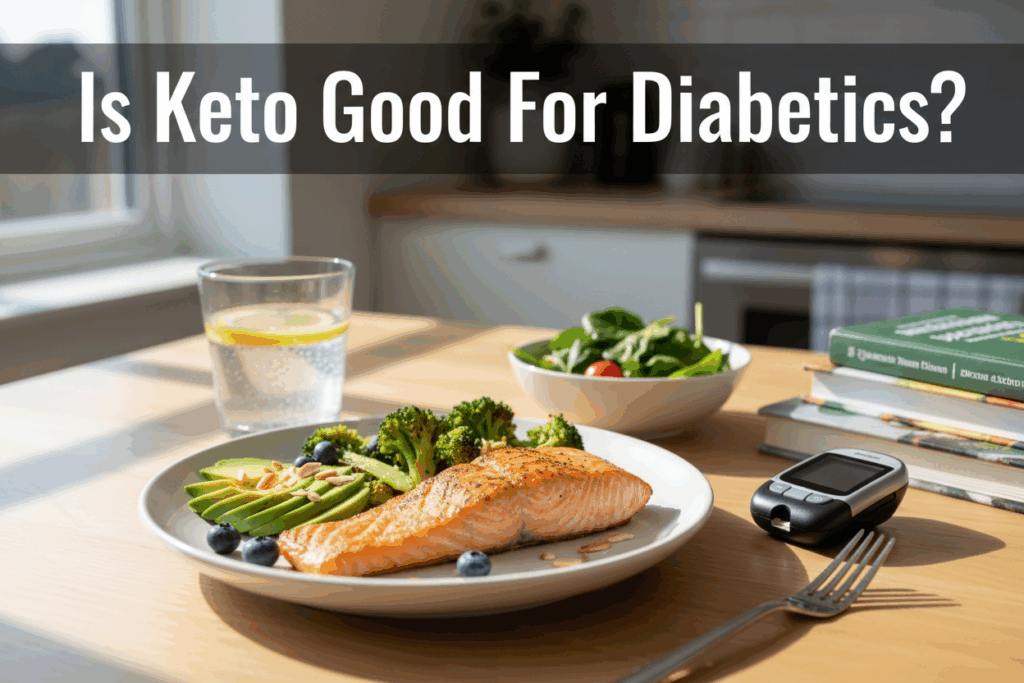 A plate of food with a caption asking if Keto is Good For Diabetics.