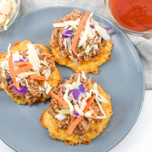Keto pulled pork biscuit bites on a plate.
