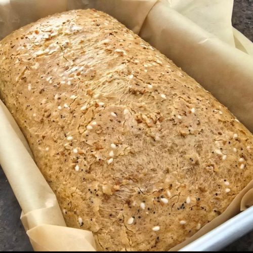 A loaf of psyllium bread in a pan.