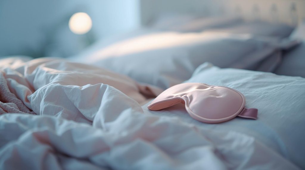 A sleep mask on a bed.