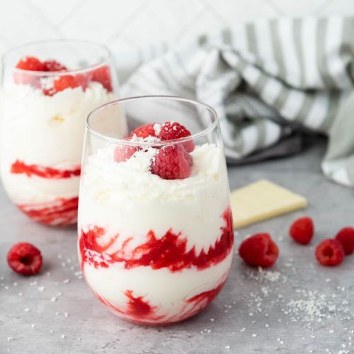 2 cups with white chocolate raspberry mousse.