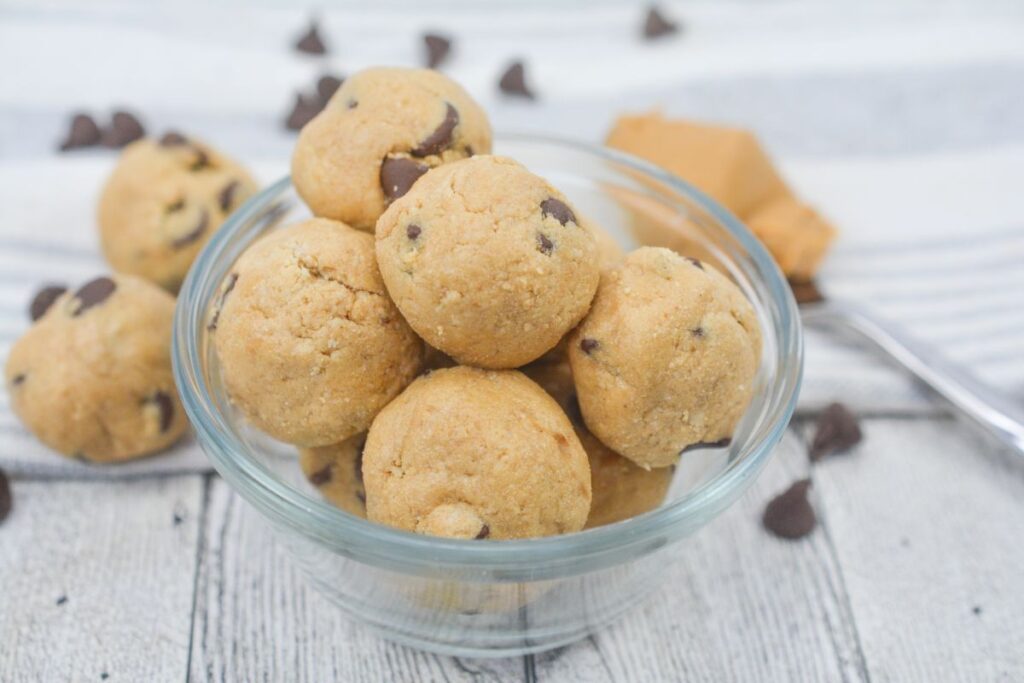 Cookie Dough Energy Balls in a glass bowl.